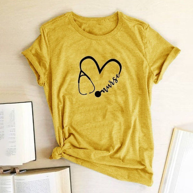 Nurse Stethoscope Heart Print T Shirt Women Short Sleeve O Neck Loose Tshirt Summer Women Tee Shirt Tops Camisetas Mujer