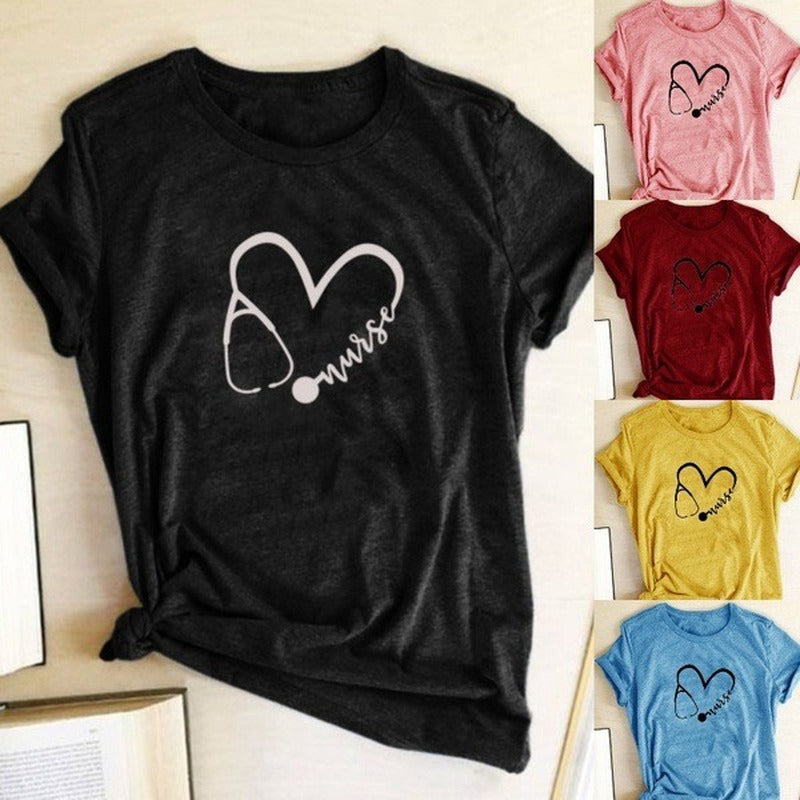 Nurse Stethoscope Heart Print T Shirt Women Short Sleeve O Neck Loose Tshirt Summer Women Tee Shirt Tops Camisetas Mujer