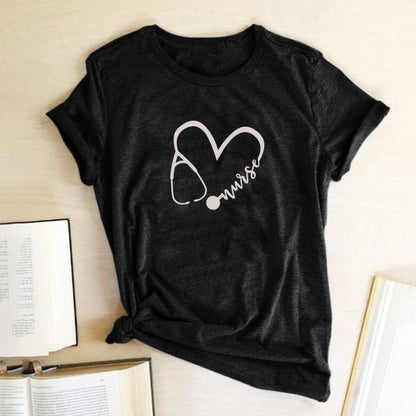 Nurse Stethoscope Heart Print T Shirt Women Short Sleeve O Neck Loose Tshirt Summer Women Tee Shirt Tops Camisetas Mujer