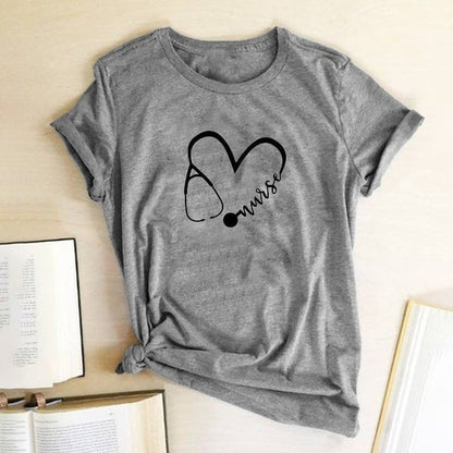 Nurse Stethoscope Heart Print T Shirt Women Short Sleeve O Neck Loose Tshirt Summer Women Tee Shirt Tops Camisetas Mujer