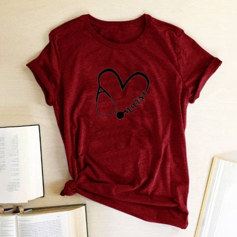 Nurse Stethoscope Heart Print T Shirt Women Short Sleeve O Neck Loose Tshirt Summer Women Tee Shirt Tops Camisetas Mujer