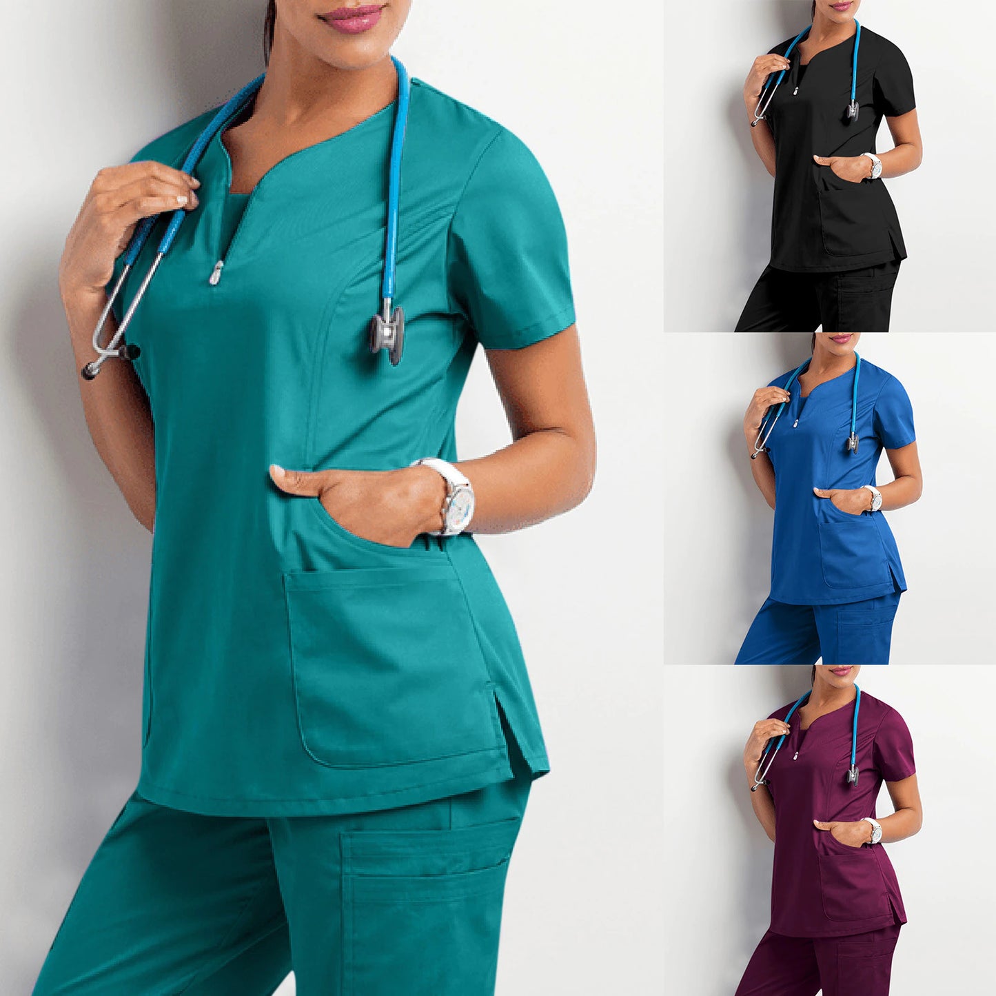 New Stretch V-Neck Scrub Top for Women Solid Short Sleeve scrub top with Pocket Care 